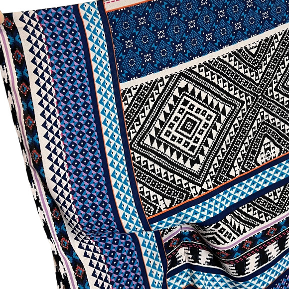 Womens Kimono Sleeve Tunic OSFM Blue Black Tribal Print Swim Cover Up Chiffon - Picture 3 of 4